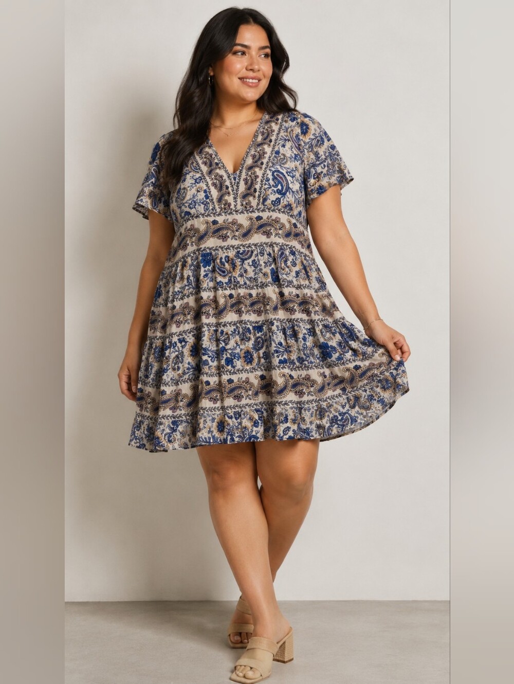 Bila Blue and Cream Paisley V-Neck Mini Dress